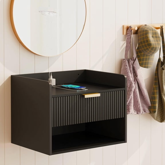 Floating Nightstand with Charging Station, Drawer and Open Shelf | Modern Black Wall Mounted Bedside Table, Minimalist Wooden Floating Night Stand for Bedroom Small Spaces