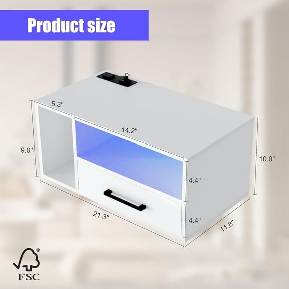 Floating Nightstand with Charging Station and LED Lights, Floating Bedside Table with Drawers Wall Mounted Nightstands,for Bedroom Room, 21.3" x 11.8" x 10",White