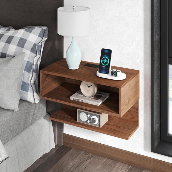 Floating Nightstand with Charging Station, Wall Mount Bedside Shelf with Drawer Storage USB Ports and Power Outlets, Small Wall Shelves for Bedroom, Natural