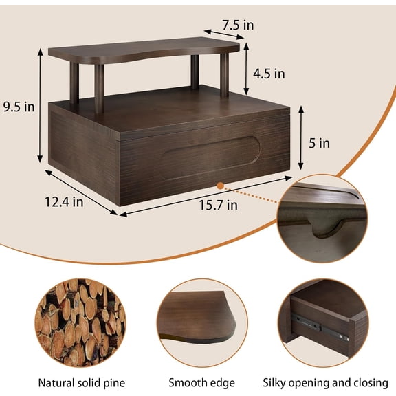 Floating Nightstand with Drawer - Brown Nightstand Floating Bedside Table, 2-Tier Wooden Bedroom Shelves for Wall, Morden Wall Mounted Nightstand for Bedroom, Bathroom, Study Room