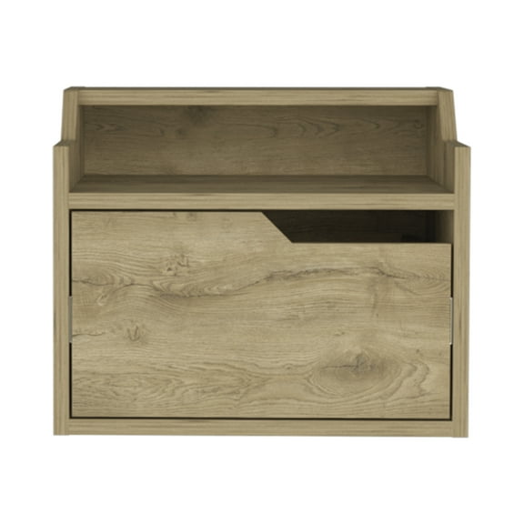 Floating Nightstand with Drawer, Macadamia Bedroom Side Table - Wall Mount Modern Nightstand with Storage, Dual Tier Surface, 14.5" Wide Beige + Particle Board + Engineered Wood