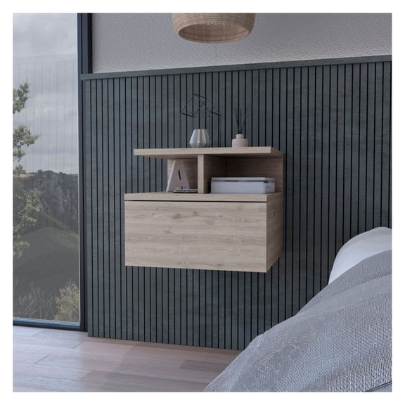 Floating Nightstand, Flopini Bedroom Side Table, Light Gray, Wall Mounted, Modern Minimalist with Drawer & Shelf