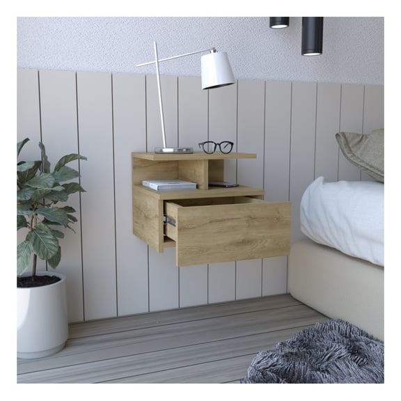 Floating Nightstand Flopini, One Drawer, Macadamia - Wall Mounted Bedside Table with Storage, Modern Bedroom Decor, 14"W x 10.8"D Top Shelf