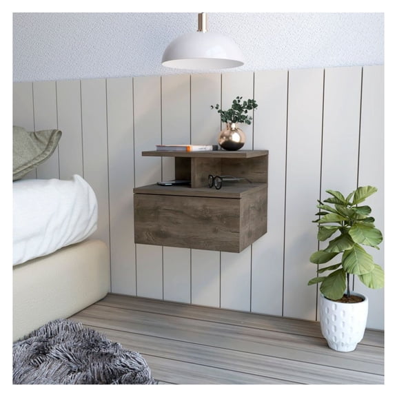 Floating Nightstand Flopini, Wall Mounted Bedside Table, Dark Walnut, 1 Drawer, Modern Minimalist Design, Living Room & Bedroom Furniture
