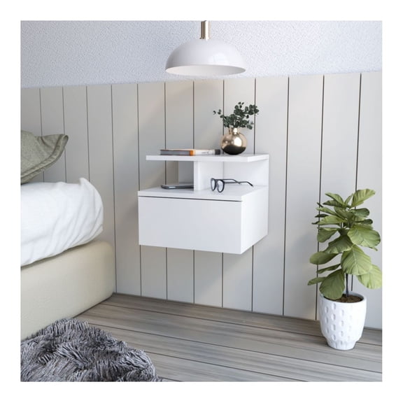 Floating Nightstand Flopini, White - Modern Bedroom Side Table with Drawer & Shelf