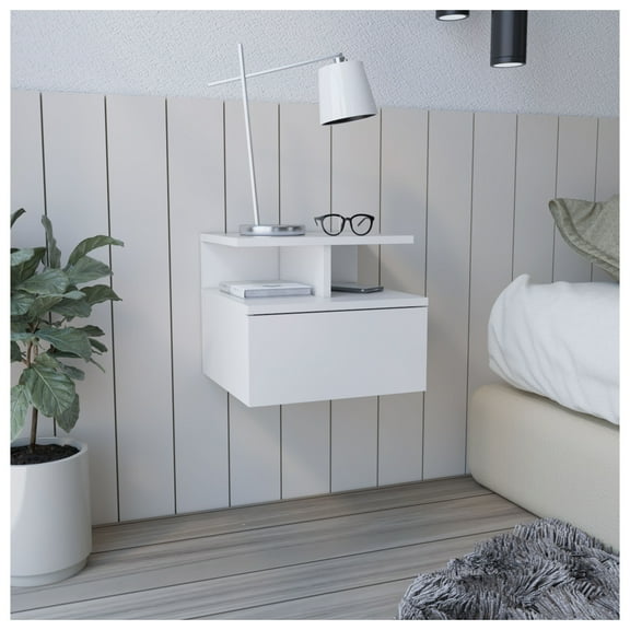 Floating Nightstand Flopini, White - Wall Mounted Bedside Table with Drawer, 14"W x 10.8"D Top Shelf, Modern Minimalist Bedroom Furniture