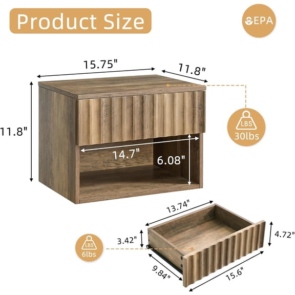 Floating Nightstand with Fluted Drawer - Modern Wall Mounted Bedside Table with Open Storage Shelf, Small Night Stand TV Stand for Bedroom(Rustic Brown)