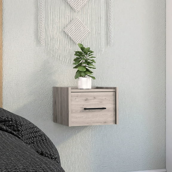 Floating Nightstand In Bedroom, Grey - Space Saving With Single Drawer And Compact Top End Table For
