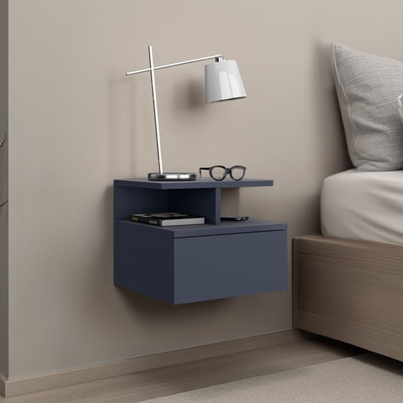 Floating Nightstand, Modern Blue Particle Board Bedside Table for Bedroom with 1 Storage Drawer and 2 Open Shelves, Wall Mounted Space-Saving Side Table, 14"W x 10.8"D x 12.7"W x 4.4"H