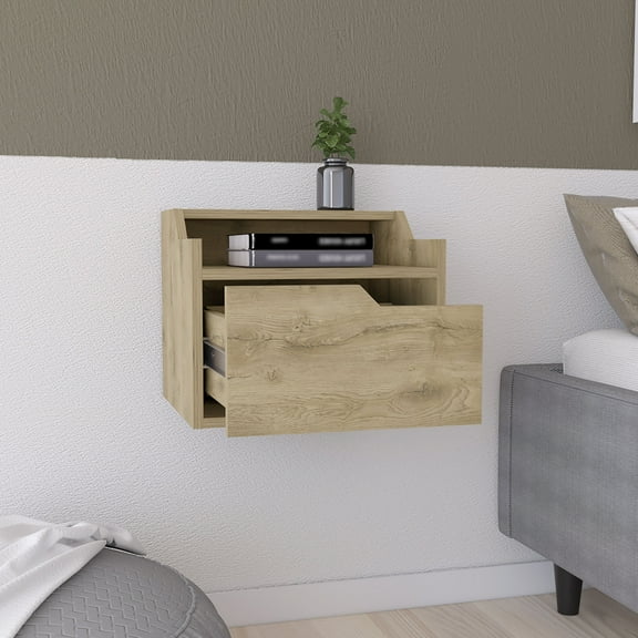 Floating Nightstand, Modern -Tier Design With Spacious Single Drawer, Macadamia