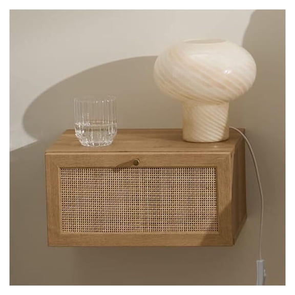 Floating Nightstand, Natural Rattan Farmhouse Boho Wall Mounted Space Saving Bedside Tables, Nightstands, Drawer with Spacious Storage, for Bedroom, Living (Single)