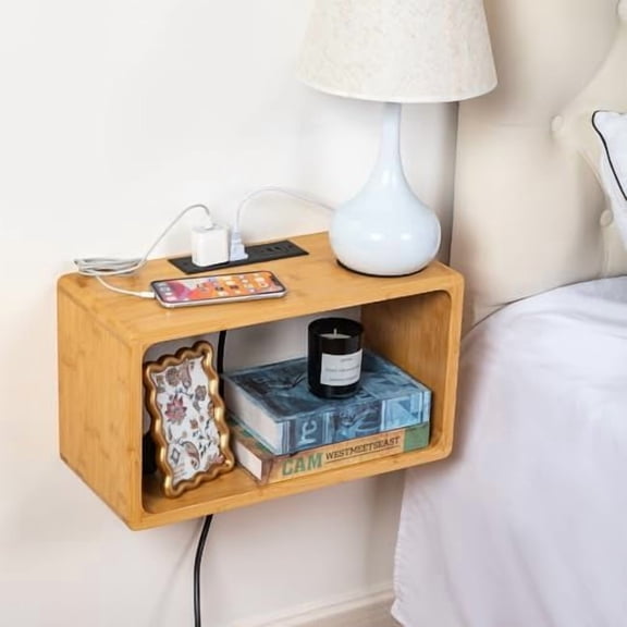 Floating Nightstand Oak Wooden Shelf Wall Mount - Stylish & Minimalistic Bedside Shelf Hanging Charging USB Charger Station Rest Side Table for Bedroom Living Room Office Home Decor (Natural)