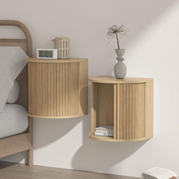 Pusnapku Floating Nightstand Set of 2, 16.5" Fluted Wall Mounted Bedside Shelf with Storage and Sliding Door, Wooden Curved Side Table for Bedroom