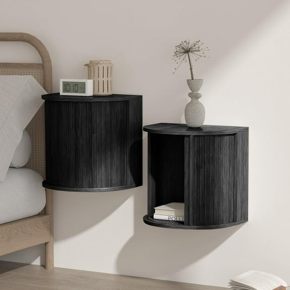 Floating Nightstand Set of 2, 16.5" Wide Wall Mounted Bedside Shelf with Storage and Sliding Door, Wooden Half Moon Bedside Table, Hanging Furniture for Bedroom
