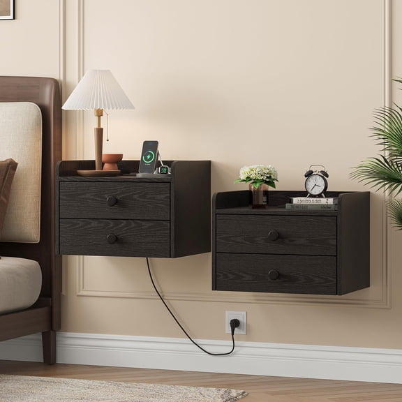 Floating Nightstand Set of 2 with 2 Storage Drawers and Charging Station Wood Wall Mounted Bedside End Table Modern Night Stands Set 2 for Bedroom,Small Space,Grey