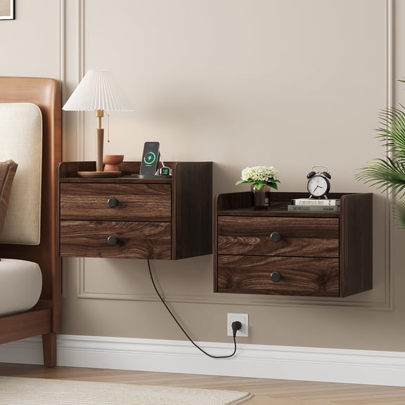 Floating Nightstand Set of 2 with 2 Storage Drawers and Charging Station Wood Wall Mounted Bedside End Table Modern Night Stands Set 2 for Bedroom,Small Space,Grey