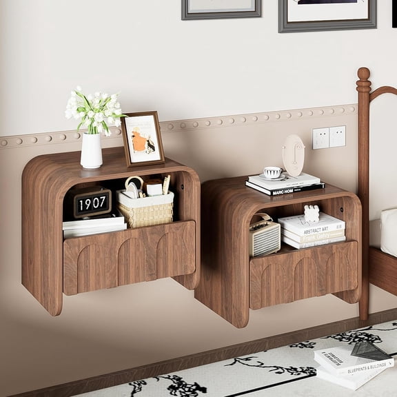 Floating Nightstand Set of 2, Small Night Stand with Drawer and Open Storage Shelf, Modern Wall Mounted Bedside Table, Farmhouse Wooden Nightstands for Bedroom, Living Room