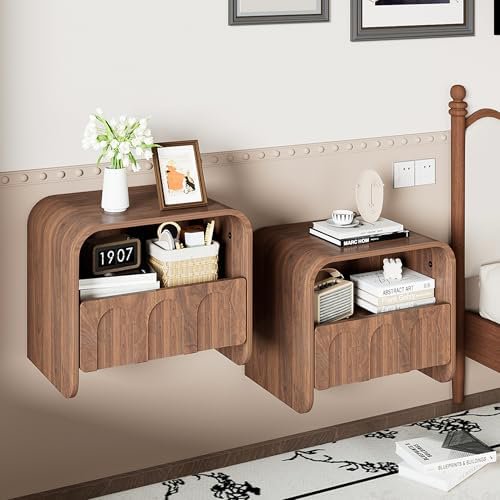 Floating Nightstand Set of 2, Small Night Stand with Drawer and Open Storage Shelf, Modern Wall Mounted Bedside Table, Farmhouse Wooden Nightstands for Bedroom, Living Room