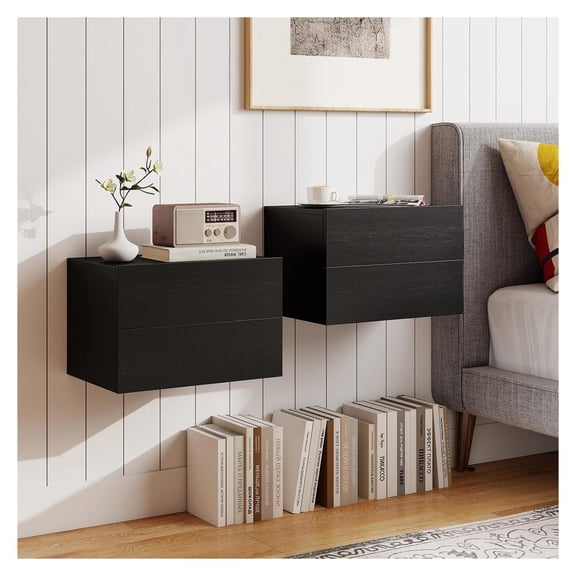 Floating Nightstand Set of 2,Wall Mounted Night Stand with 2 Storage Drawers, Modern Hanging Bedside Table End Table for Bedroom, Study, Office, Home (Black,16.5" x 12" x 11.5",2)