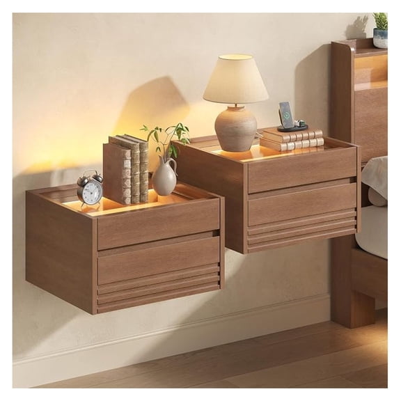 Floating Nightstand Set of 2 Wall Mounted, Touch Control LED Light & Charging Station, Fluted Glass Drawer with Soft Jewelry Liner, Modern Bedside Table for Bedroom Small Spaces Brown
