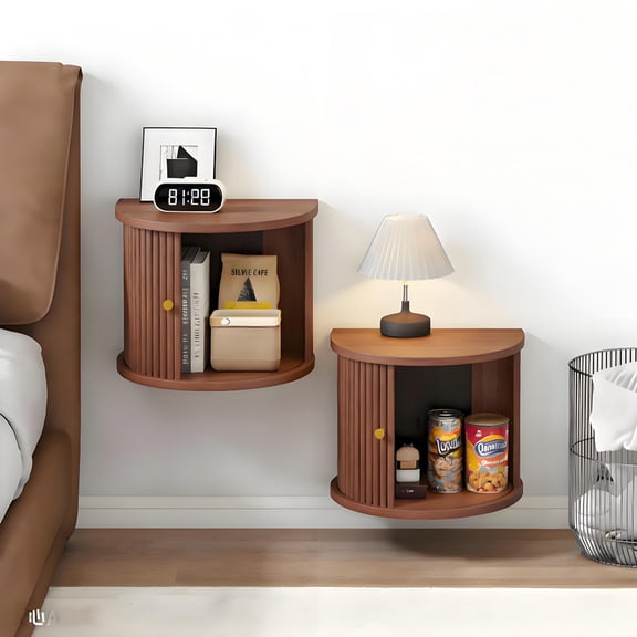 Floating Nightstand Set of 2,Wooden Wall Mounted Nightstand with Sliding Door,Mid Century Modern Bedside Shelf with Storage Space,Space-Saving Night Stand for Bedroom Small Space Dorm