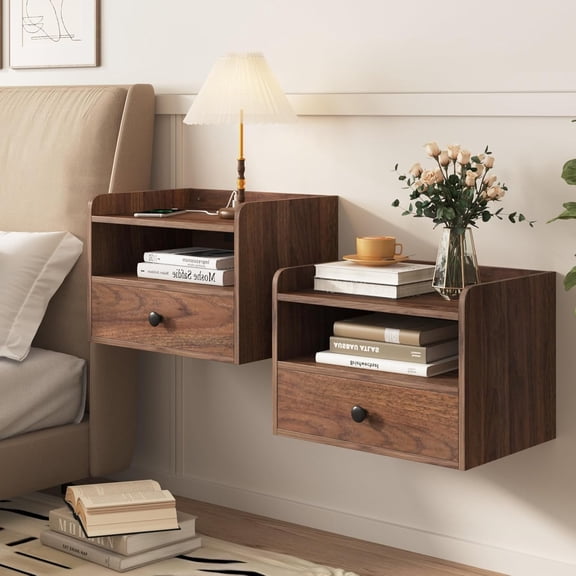Floating Nightstand Set of 2 Modern Bedside Tables with Drawer Open Shelf Cubby Charging Station Wall Mounted Brown Walnut