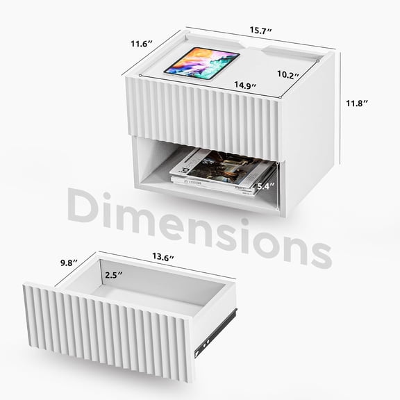 Floating Nightstand Set of 2 - Modern Wall Mounted Bedside Table with Storage Drawer for Small Spaces, Pure White