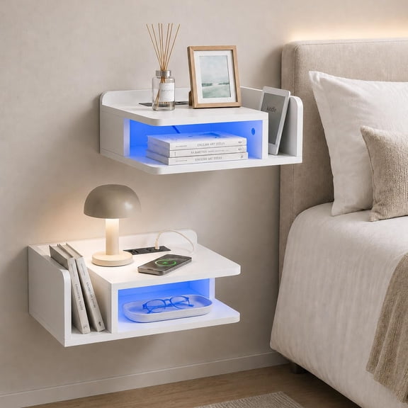 Floating Nightstand Set of 2 with LED Light & Charging Station, Standard