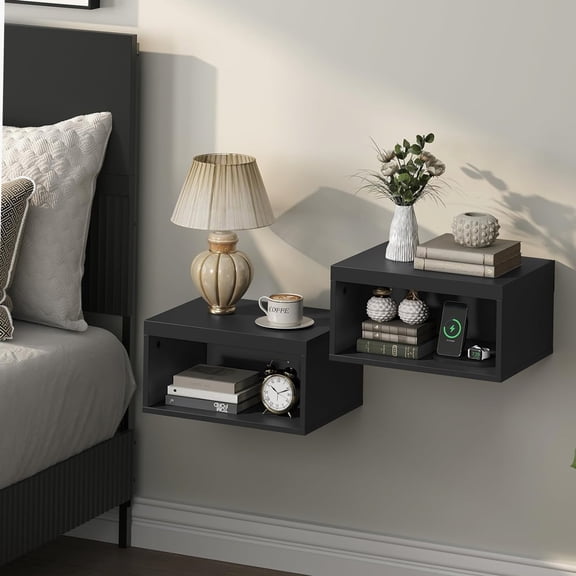 Floating Nightstand Set of 2 with Wall Mounted Bedside Table 15, Black