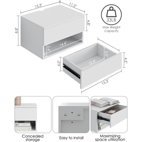 Floating Nightstand, Small Modern Floating Nightstand with Drawer, Floating Shelves for Bedroom, Bathroom (White)