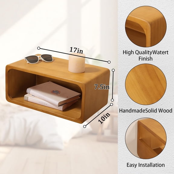 Floating Nightstand, Wall Mounted Bedside Shelf, Handmade Bedroom Furniture,Pine Wood Floating Bedside Table, Minimalist and Unique Style 18x 10x 7.5 Walnut