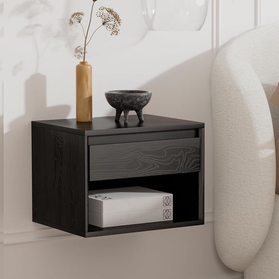 Floating Nightstand, Wall Mounted Bedside Table with Storage Drawer and Open Shelf, Modern Night Stand withHandless Design for Living Room, Bedroom, Dorm, Black