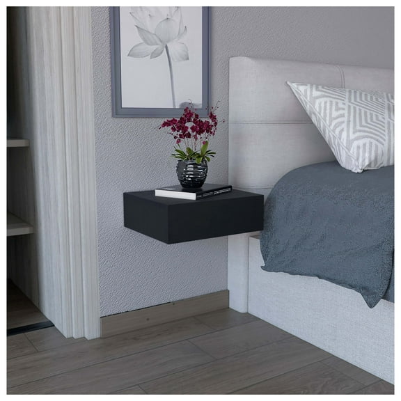 Floating Nightstand, Wall Mounted End Table with Drawer - Black Bedroom - Modern Side Table, Space Saving Design, Easy Assembly