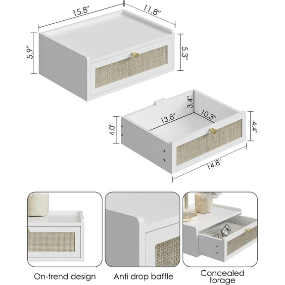 Floating Nightstand, Wall Mounted Night Stand with Drawer, Small Floating Shelves, Floating Wood Bedside Table for Bedroom, Living Room, Bathroom (No Assembly)