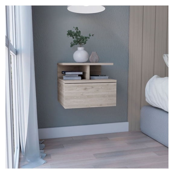 Floating Nightstand Wall Mounted, Seward Bedside Table with Drawer & Shelf, Light Gray - Modern Bedroom Storage, Compact Design, Easy Install