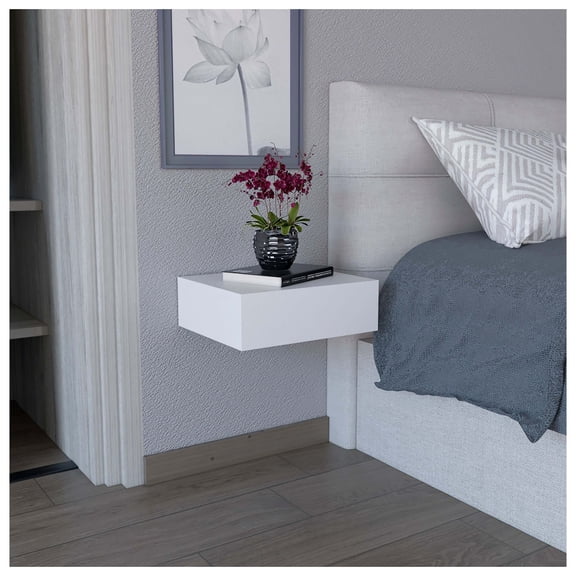 Floating Nightstand Wall Mounted - White End Table with Drawer - Bedroom, Living Room - Space Saving Side Table with Easy Assembly
