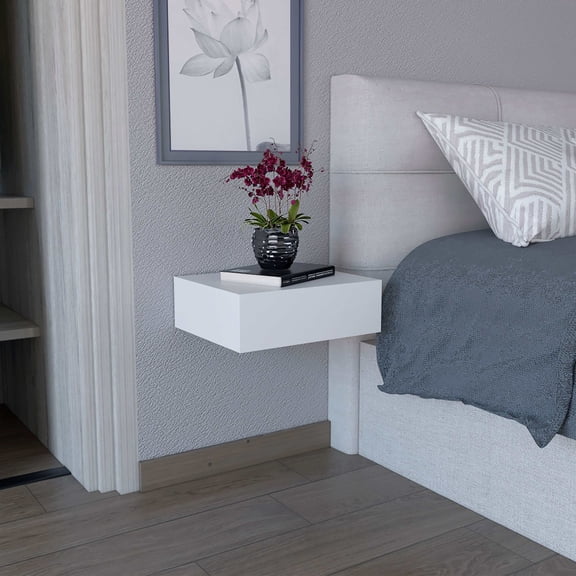 Floating Nightstand Wall-Mounted with Drawer - Space Saving White End Table for Small Bedroom, Particle Board Side Table