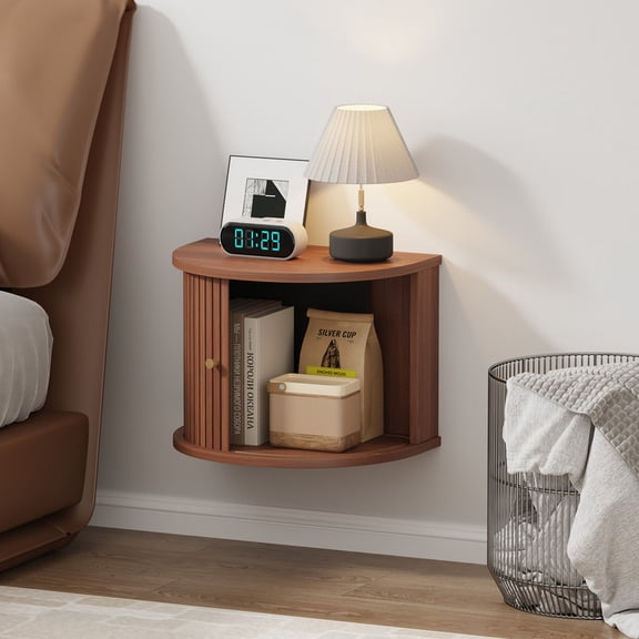 Floating Nightstand,Wooden Wall Mounted Nightstand with Sliding Door,Mid Century Modern Bedside Shelf with Storage Space,Space-Saving Night Stand for Bedroom Small Space Dorm