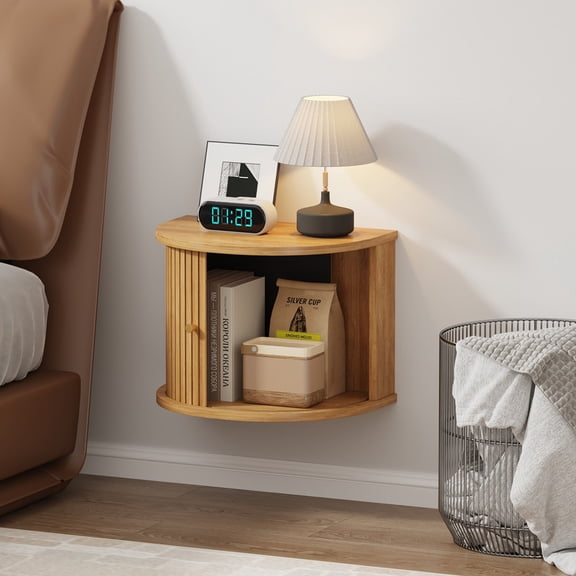 Floating Nightstand,Wooden Wall Mounted Nightstand with Sliding Door,Mid Century Modern Bedside Shelf with Storage Space,Space-Saving Night Stand for Bedroom Small Space Dorm