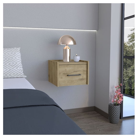 Floating Nightstand, Yorktown Wall Mount Bedside Table with Drawer - Macadamia - Modern Bedroom Storage - Space Saving Design