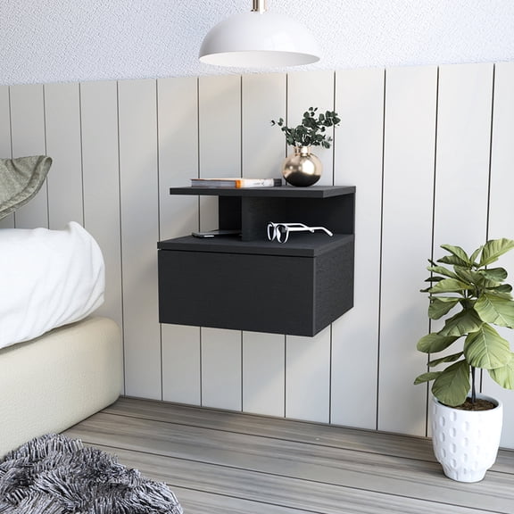 Floating Nightstand in Black Particle Board | Drawer for Small Items | Any Room Setting
