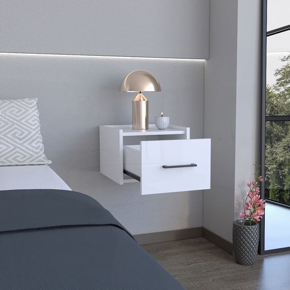 Floating Nightstand in White - With Handy Drawer & Spacious Surface