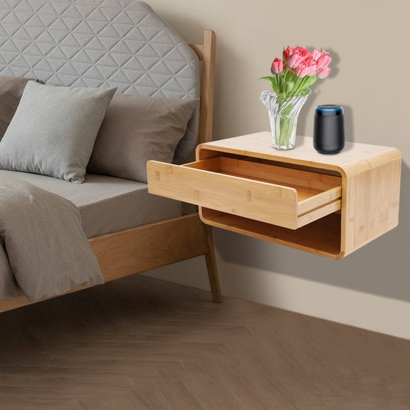 Floating Nightstand w/ Drawer Rustic Wood Floating Wall Mounted Bedside Cabinet