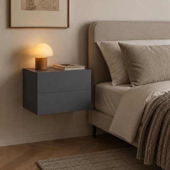 Floating Nightstand, wall mounted with 2 storage drawers, gray, space saving for bedroom side use