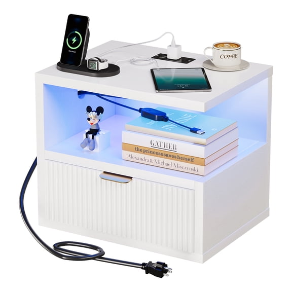 Floating Nightstand with Charging Station, LED Lights and Drawer