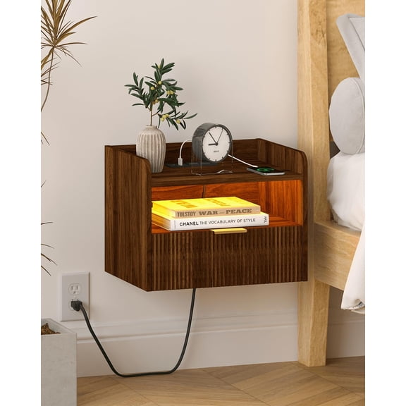 Floating Nightstand with Charging Station and LED Lights Walnut Brown