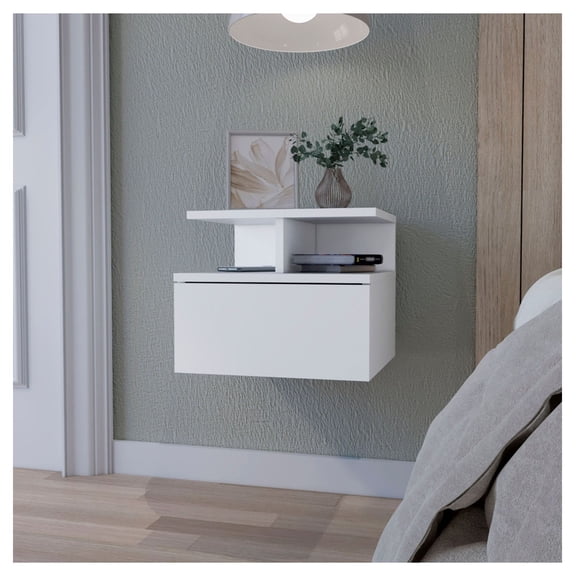 Floating Nightstand with Drawer & 2 Tier Shelf - Modern Bedside Table - Wall Mount Night Stand - Compact Bedroom Storage - 14" Wide - White