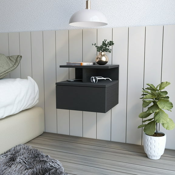 Floating Nightstand with Drawer, Black Wengue Finish, Wall-Mounted Bedside Table for Small Spaces, 14" W X 10.8" D Storage Shelf