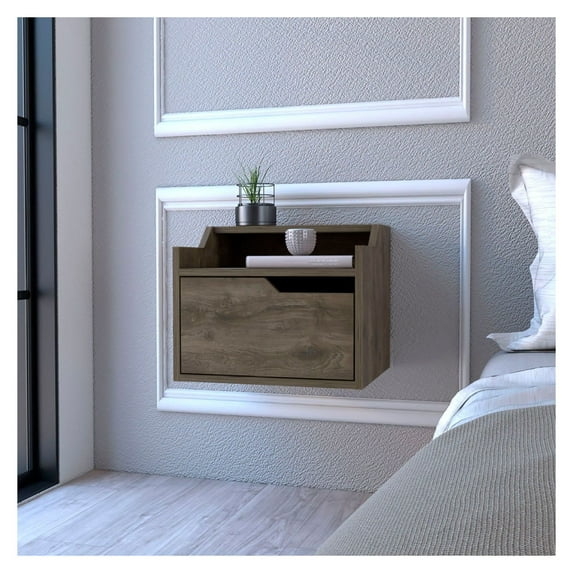 Floating Nightstand with Drawer, Dark Brown - Modern Bedroom Side Table with Storage, Wall Mount, 12.9" Height, 15.7" Width, 13.2" Depth