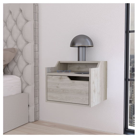 Floating Nightstand with Drawer & Shelf - Wall Mounted Bedside Table - Modern Bedroom Storage - Florence Collection - Macadamia Finish